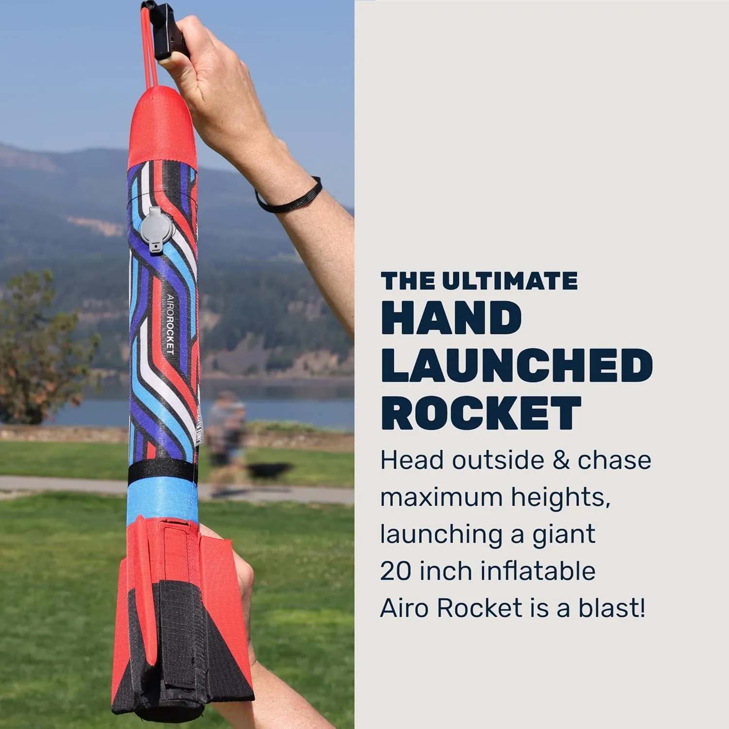 Airo Rocket™ Hand Launched Inflatable Rocket Kit - Includes Giant 20 Inch Inflatable Ripstop Nylon Rocket, Hand Launcher and Storage Bag - Soars 150 Feet - Ages 6 