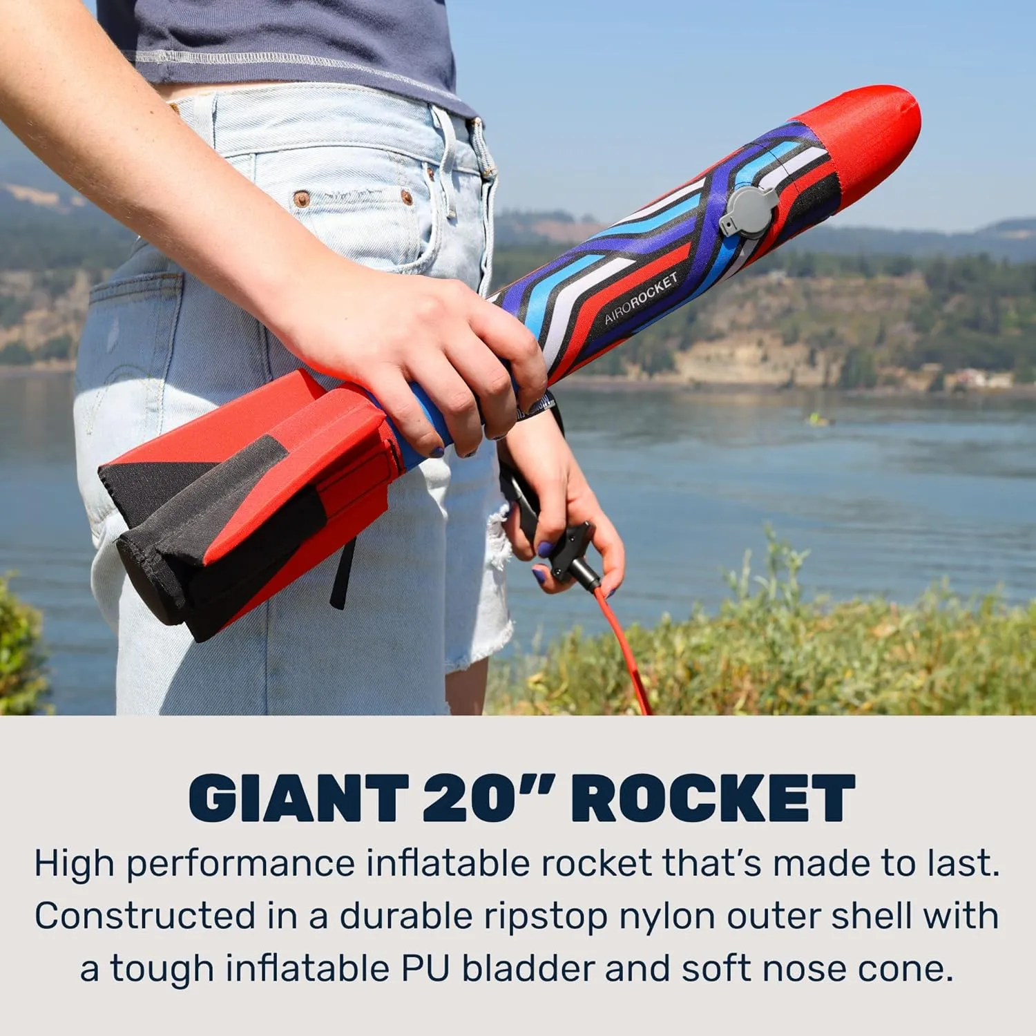 Airo Rocket™ Hand Launched Inflatable Rocket Kit - Includes Giant 20 Inch Inflatable Ripstop Nylon Rocket, Hand Launcher and Storage Bag - Soars 150 Feet - Ages 6 