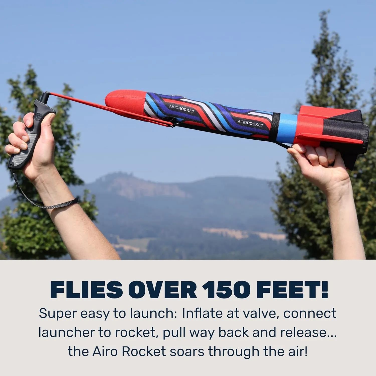 Airo Rocket™ Hand Launched Inflatable Rocket Kit - Includes Giant 20 Inch Inflatable Ripstop Nylon Rocket, Hand Launcher and Storage Bag - Soars 150 Feet - Ages 6 