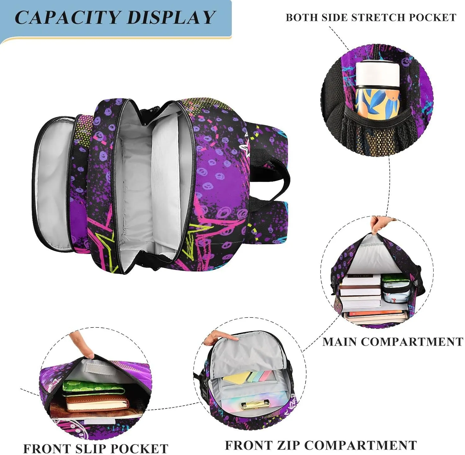 ALAZA Abstract Hearts Triangles Stars Sprays Grunge Neon Casual Daypacks Bookbag Bag