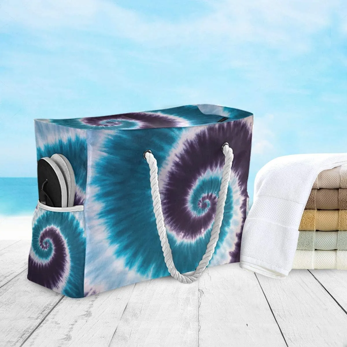 ALAZA Beach Bag, Blue Purple Tie Dye Abstract Travel Tote Bags for Camping, Exercise
