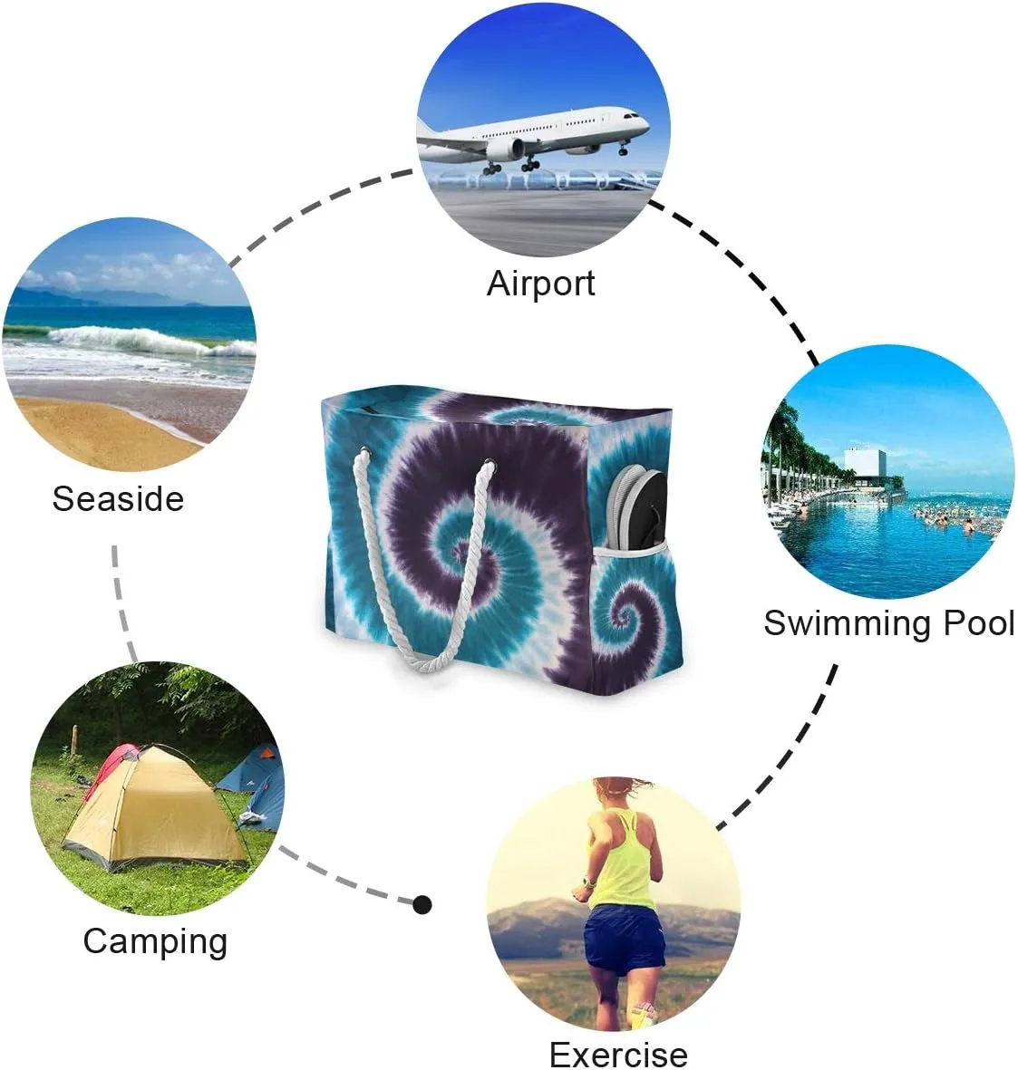ALAZA Beach Bag, Blue Purple Tie Dye Abstract Travel Tote Bags for Camping, Exercise