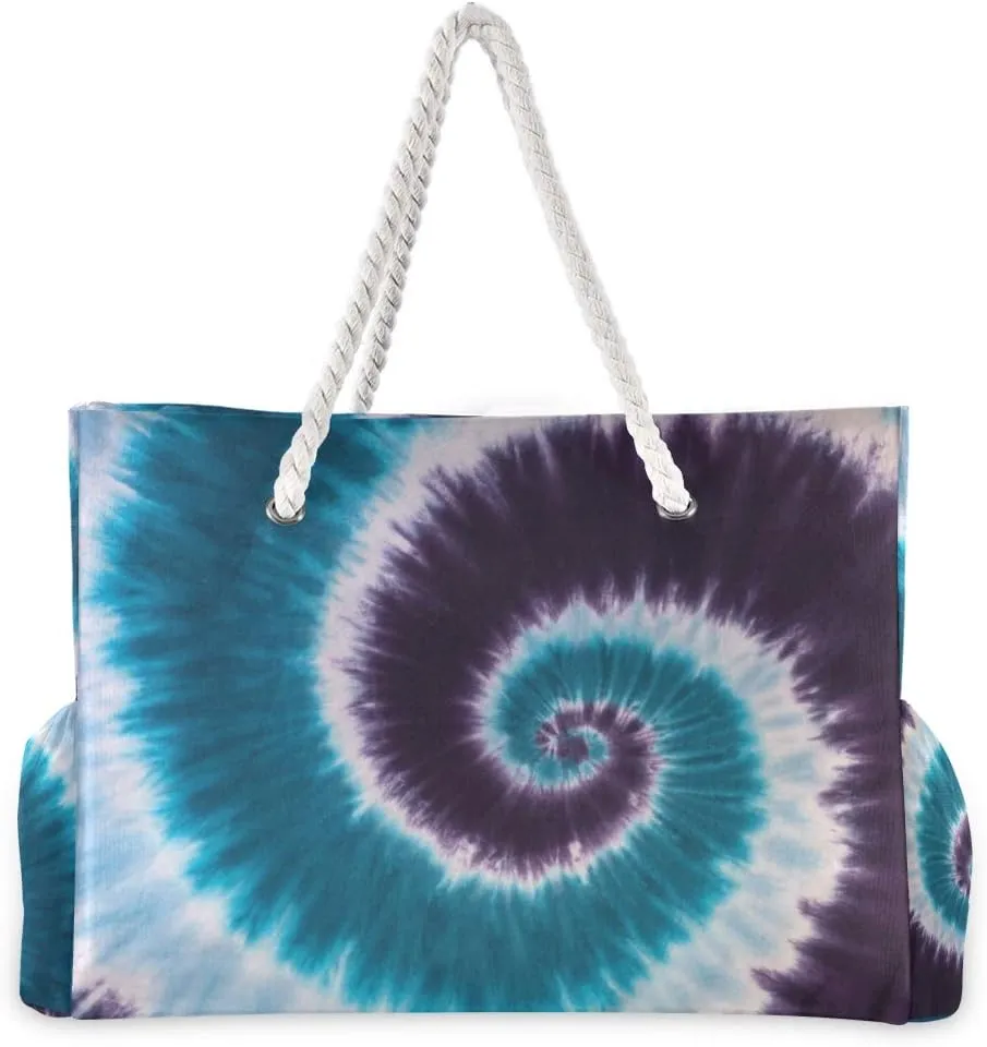 ALAZA Beach Bag, Blue Purple Tie Dye Abstract Travel Tote Bags for Camping, Exercise