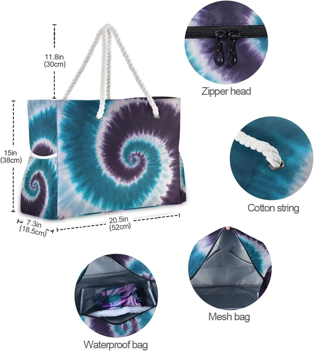 ALAZA Beach Bag, Blue Purple Tie Dye Abstract Travel Tote Bags for Camping, Exercise