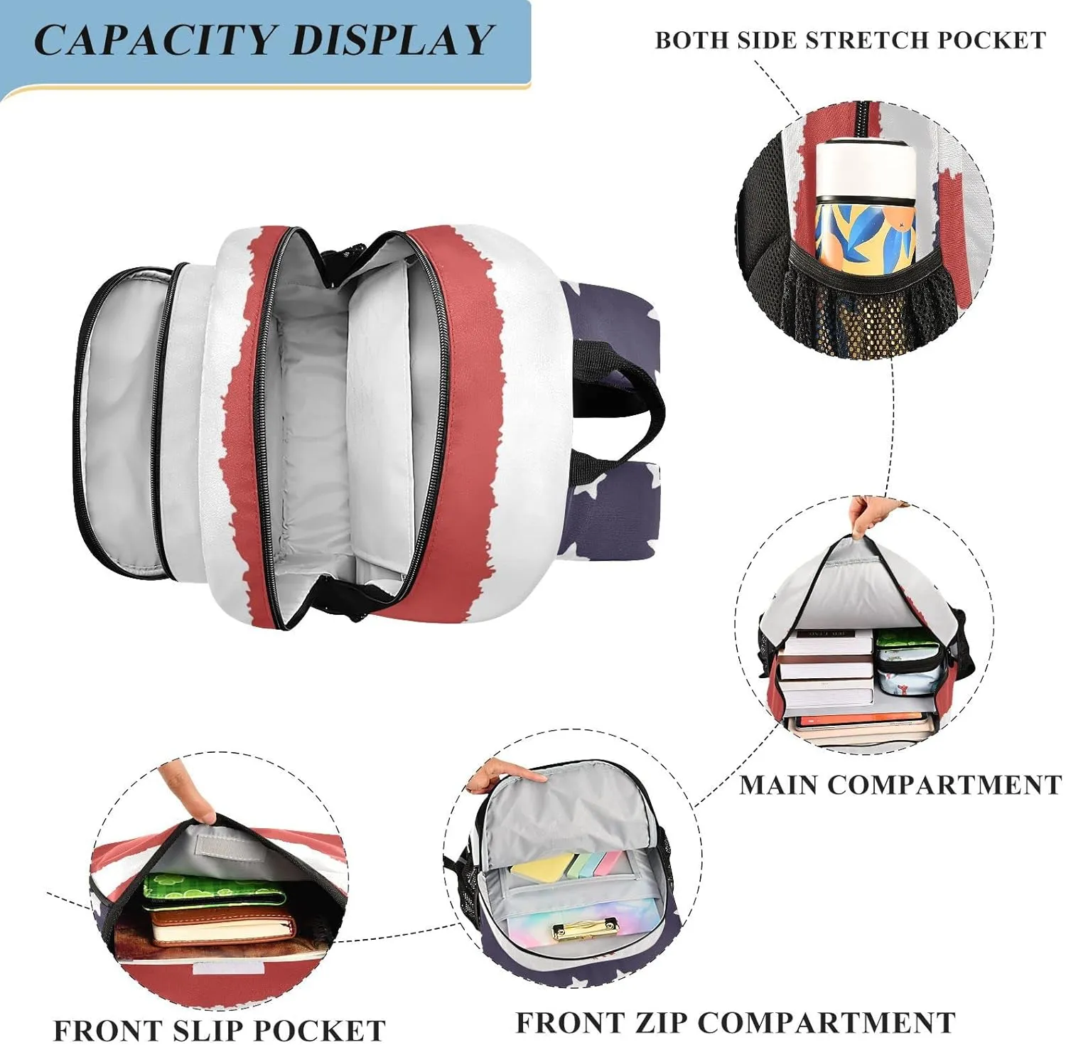 ALAZA National Colors Usa Red White Blue Strips Stars July 4th Independence Days Casual Daypacks Outdoor Backpack