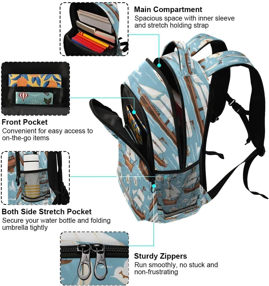 ALAZA Pirate Ship Ocean Blue Backpack School Bag Daypack Bookbag Casual Travel Laptop Bags for Middle High School Teen Boys Girls