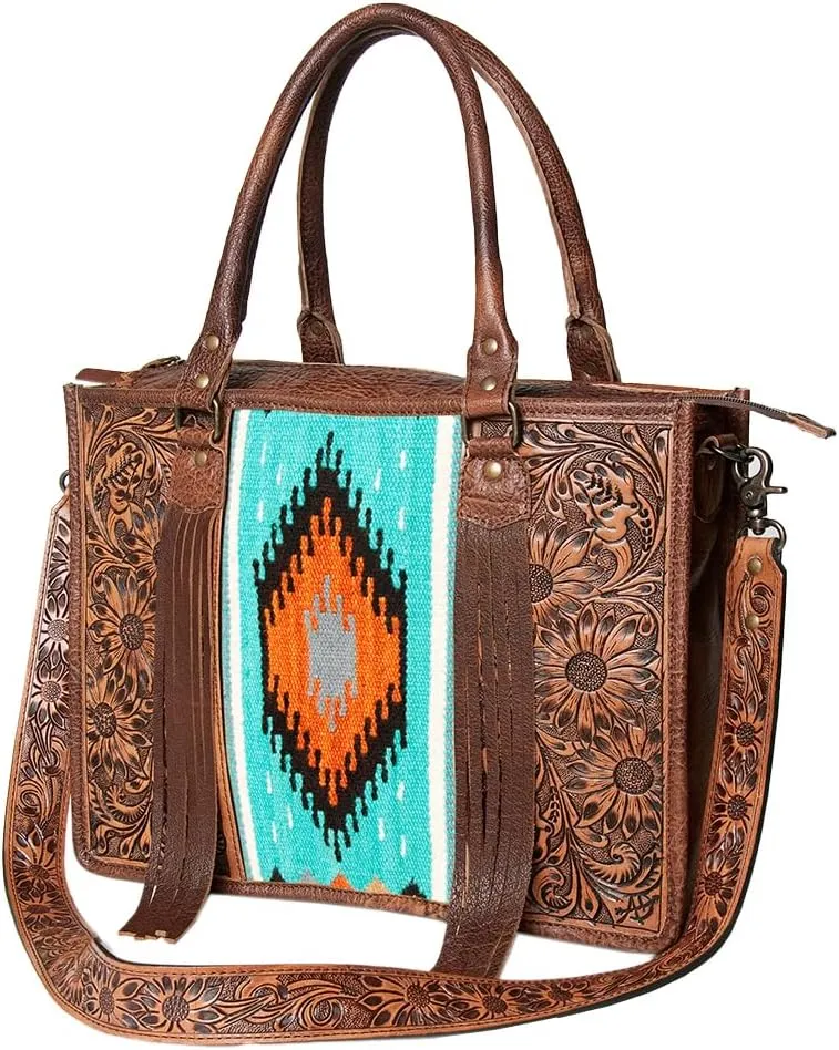 American Darling Briefcase Hand Tooled Saddle Blanket Genuine Leather women bag western handbag purse, Black