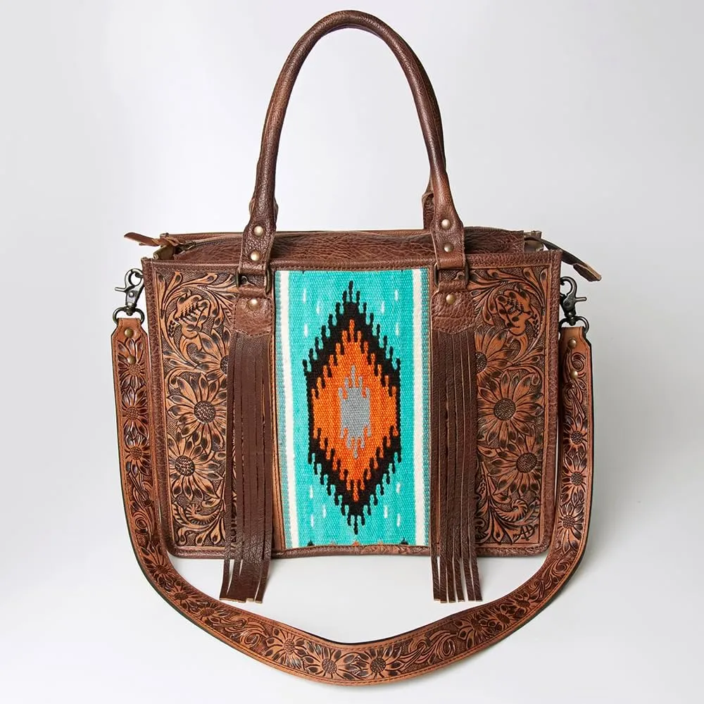 American Darling Briefcase Hand Tooled Saddle Blanket Genuine Leather women bag western handbag purse, Black
