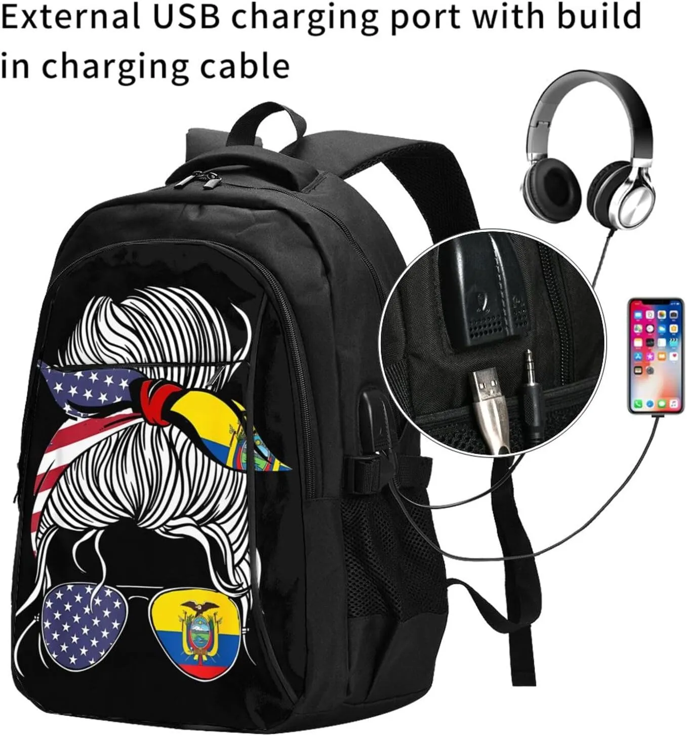 American Ecuadorian Flag Women Women Ecuador Grown Travel Backpacks Casual Backpack Large Capacity Laptop Rucksack Luggage Daypacks with USB Charging Port Multi-Pockets Bags for Hiking
