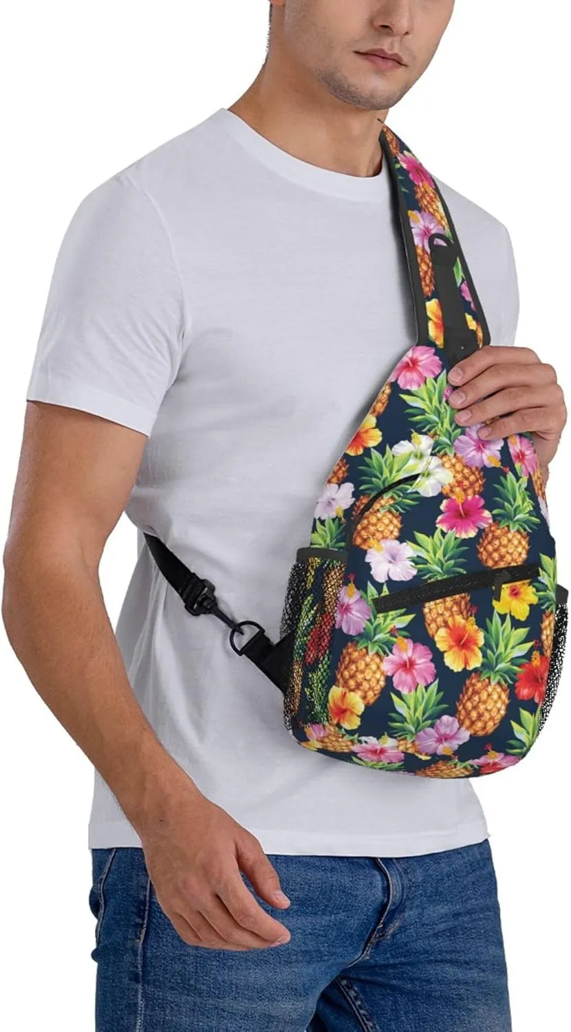 AMRANDOM Crossbody Sling Bag for Men Women with Adjustable Shoulder Strap Chest Bag Hawaiian pineapples hibiscus flowers Travel Hiking Daypacks