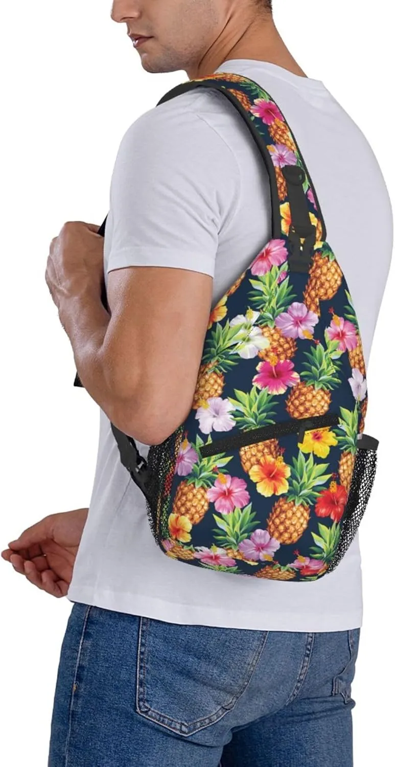 AMRANDOM Crossbody Sling Bag for Men Women with Adjustable Shoulder Strap Chest Bag Hawaiian pineapples hibiscus flowers Travel Hiking Daypacks