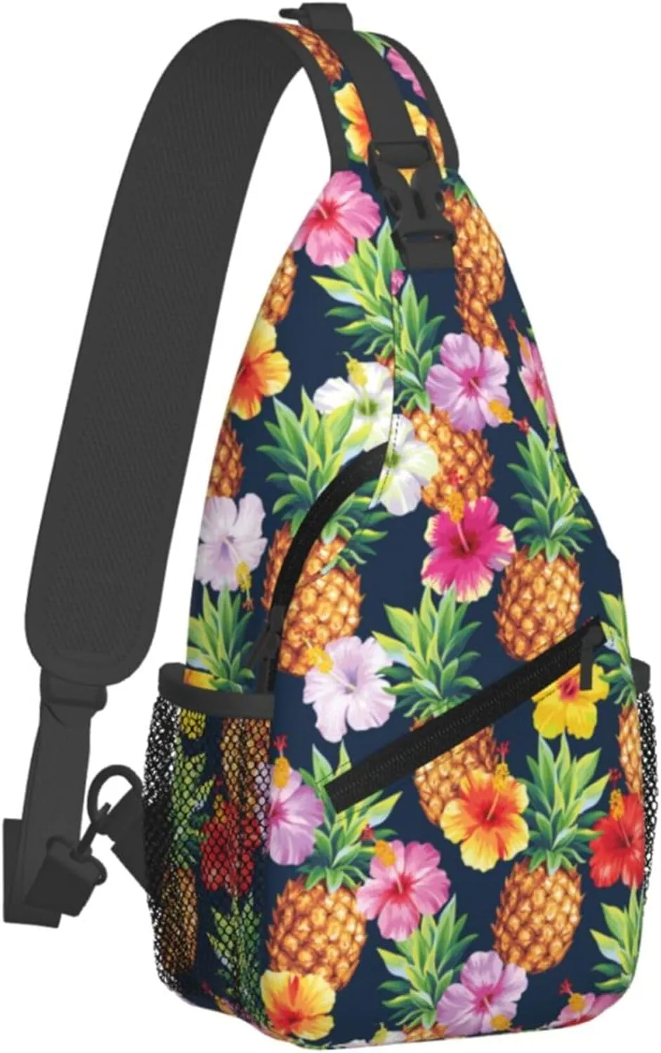 AMRANDOM Crossbody Sling Bag for Men Women with Adjustable Shoulder Strap Chest Bag Hawaiian pineapples hibiscus flowers Travel Hiking Daypacks