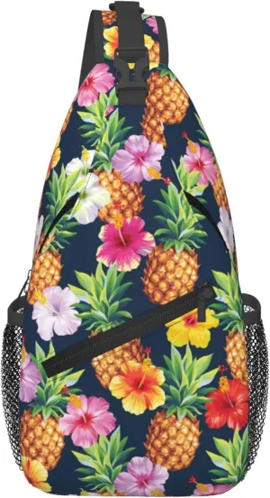 AMRANDOM Crossbody Sling Bag for Men Women with Adjustable Shoulder Strap Chest Bag Hawaiian pineapples hibiscus flowers Travel Hiking Daypacks
