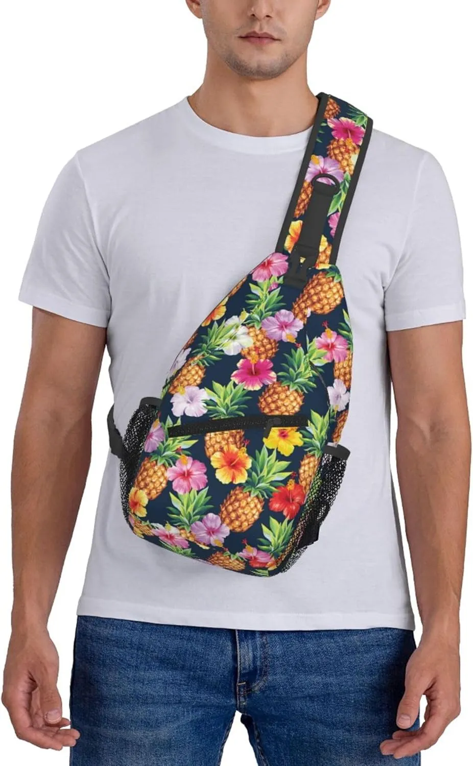 AMRANDOM Crossbody Sling Bag for Men Women with Adjustable Shoulder Strap Chest Bag Hawaiian pineapples hibiscus flowers Travel Hiking Daypacks