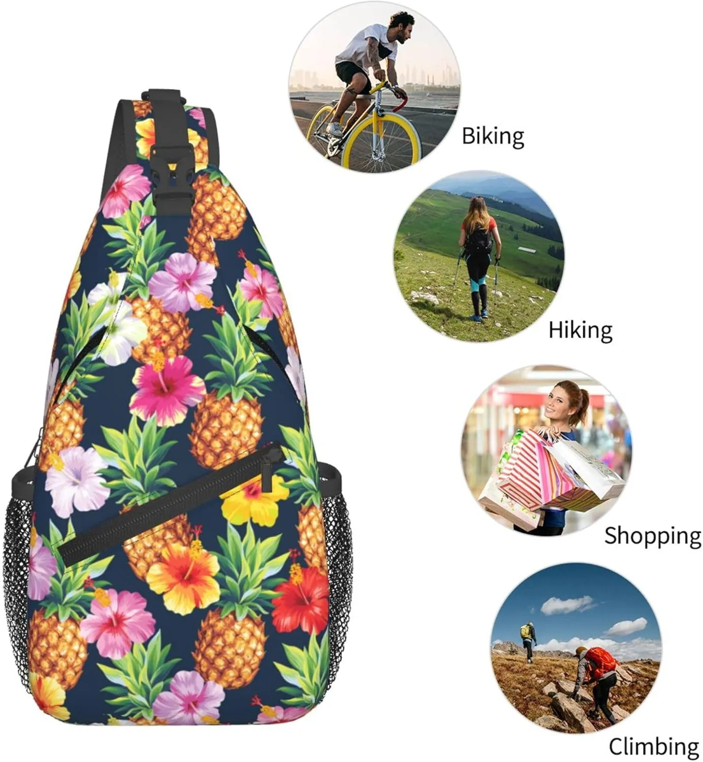AMRANDOM Crossbody Sling Bag for Men Women with Adjustable Shoulder Strap Chest Bag Hawaiian pineapples hibiscus flowers Travel Hiking Daypacks