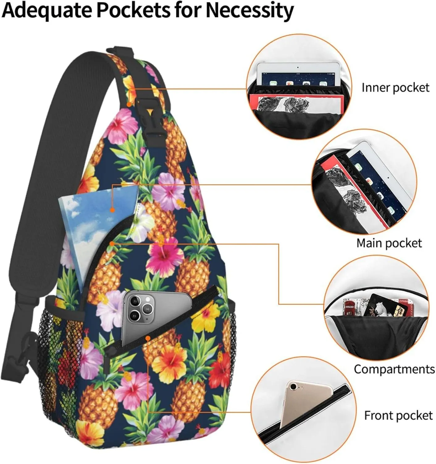 AMRANDOM Crossbody Sling Bag for Men Women with Adjustable Shoulder Strap Chest Bag Hawaiian pineapples hibiscus flowers Travel Hiking Daypacks