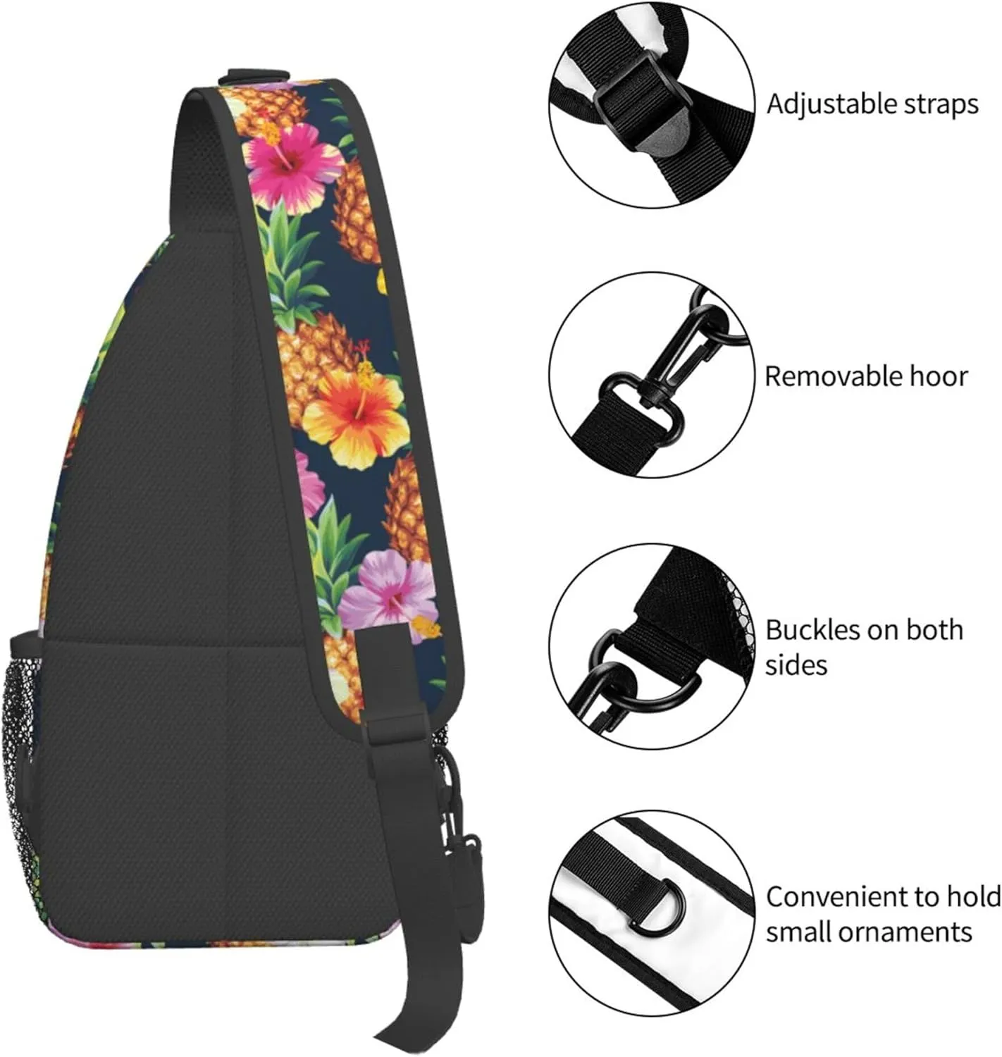 AMRANDOM Crossbody Sling Bag for Men Women with Adjustable Shoulder Strap Chest Bag Hawaiian pineapples hibiscus flowers Travel Hiking Daypacks