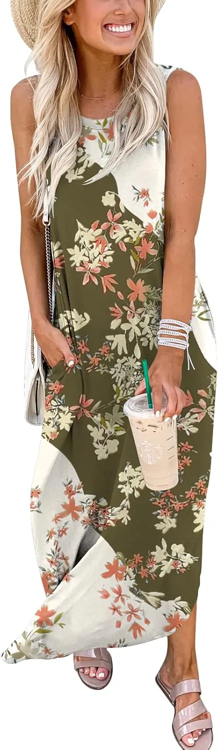 ANRABESS Women Casual Loose Sundress Sleeveless Split Maxi Long Beach Shirt Dress Travel Vacation 2025 Summer Outfits
