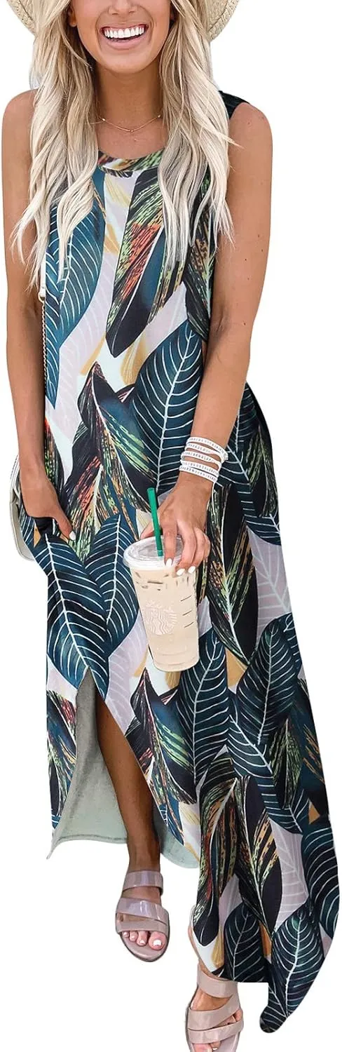 ANRABESS Women Casual Loose Sundress Sleeveless Split Maxi Long Beach Shirt Dress Travel Vacation 2025 Summer Outfits
