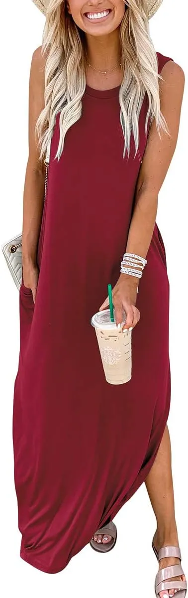 ANRABESS Women Casual Loose Sundress Sleeveless Split Maxi Long Beach Shirt Dress Travel Vacation 2025 Summer Outfits