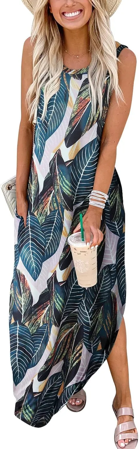 ANRABESS Women Casual Loose Sundress Sleeveless Split Maxi Long Beach Shirt Dress Travel Vacation 2025 Summer Outfits