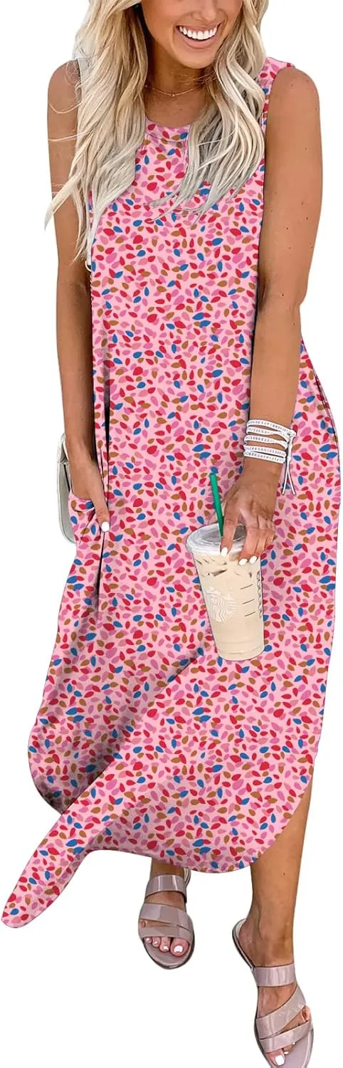 ANRABESS Women Casual Loose Sundress Sleeveless Split Maxi Long Beach Shirt Dress Travel Vacation 2025 Summer Outfits