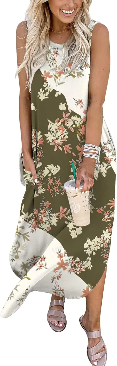 ANRABESS Women Casual Loose Sundress Sleeveless Split Maxi Long Beach Shirt Dress Travel Vacation 2025 Summer Outfits