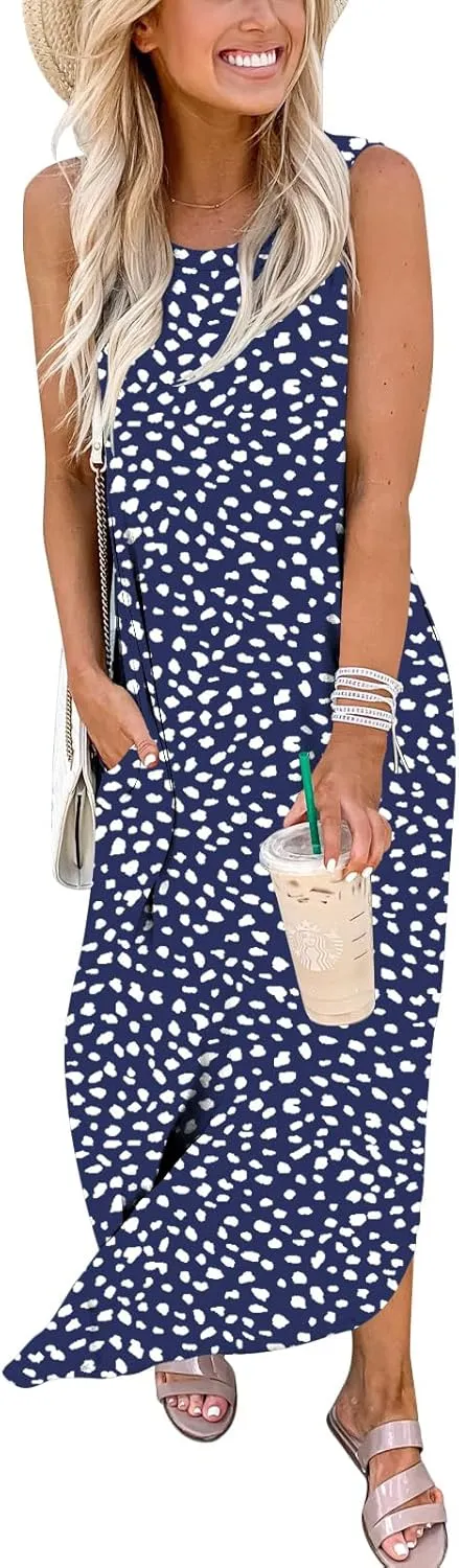 ANRABESS Women Casual Loose Sundress Sleeveless Split Maxi Long Beach Shirt Dress Travel Vacation 2025 Summer Outfits