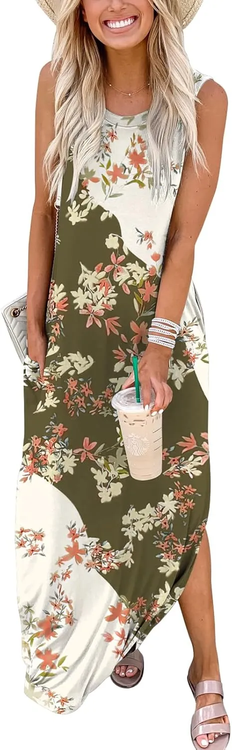ANRABESS Women Casual Loose Sundress Sleeveless Split Maxi Long Beach Shirt Dress Travel Vacation 2025 Summer Outfits