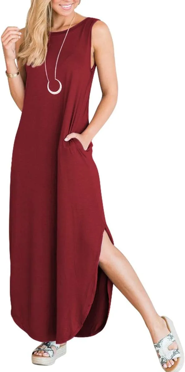 ANRABESS Women Casual Loose Sundress Sleeveless Split Maxi Long Beach Shirt Dress Travel Vacation 2025 Summer Outfits