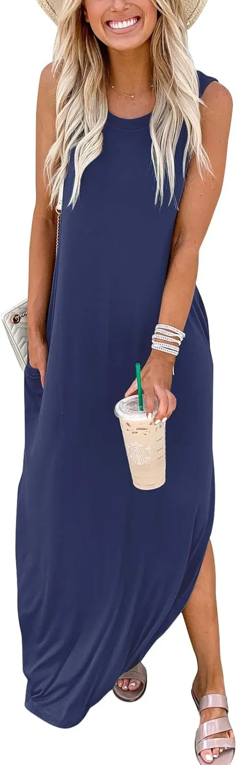 ANRABESS Women Casual Loose Sundress Sleeveless Split Maxi Long Beach Shirt Dress Travel Vacation 2025 Summer Outfits