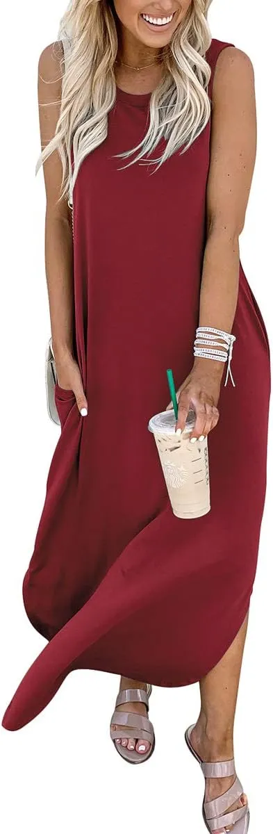 ANRABESS Women Casual Loose Sundress Sleeveless Split Maxi Long Beach Shirt Dress Travel Vacation 2025 Summer Outfits