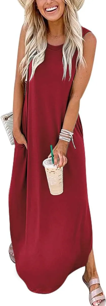 ANRABESS Women Casual Loose Sundress Sleeveless Split Maxi Long Beach Shirt Dress Travel Vacation 2025 Summer Outfits