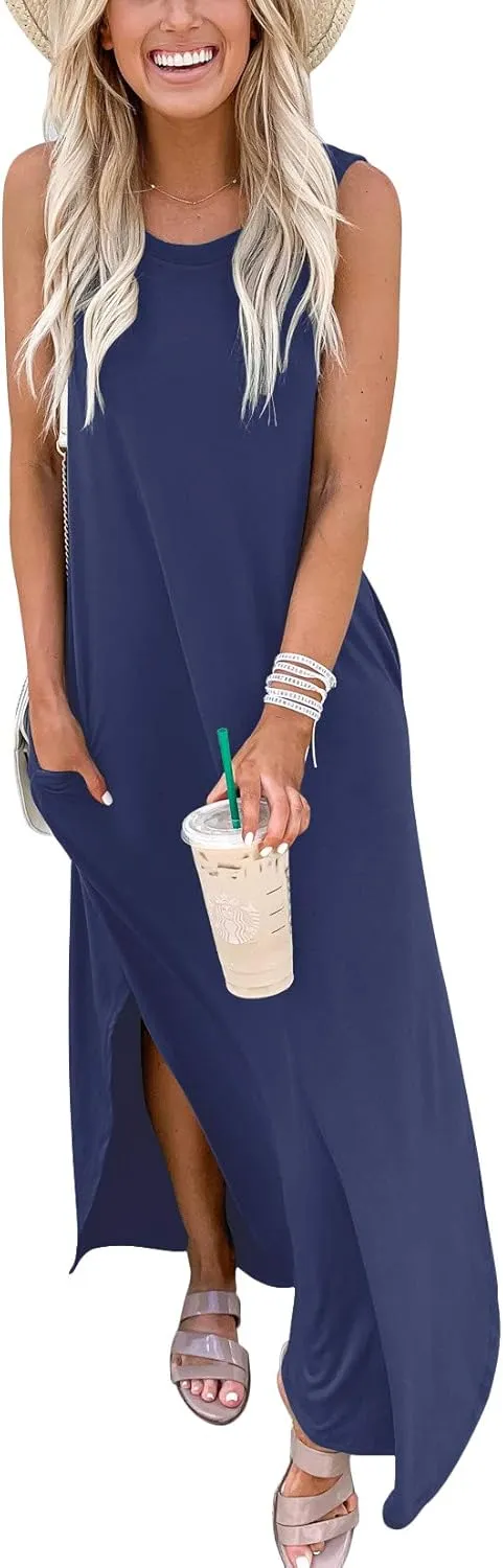 ANRABESS Women Casual Loose Sundress Sleeveless Split Maxi Long Beach Shirt Dress Travel Vacation 2025 Summer Outfits