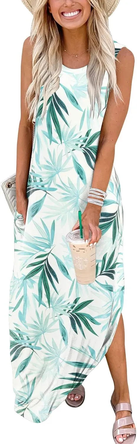ANRABESS Women Casual Loose Sundress Sleeveless Split Maxi Long Beach Shirt Dress Travel Vacation 2025 Summer Outfits