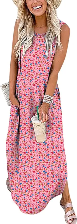 ANRABESS Women Casual Loose Sundress Sleeveless Split Maxi Long Beach Shirt Dress Travel Vacation 2025 Summer Outfits