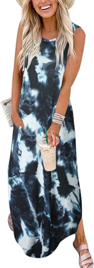 ANRABESS Women Casual Loose Sundress Sleeveless Split Maxi Long Beach Shirt Dress Travel Vacation 2025 Summer Outfits