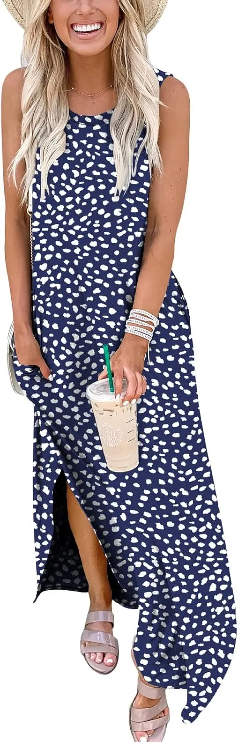 ANRABESS Women Casual Loose Sundress Sleeveless Split Maxi Long Beach Shirt Dress Travel Vacation 2025 Summer Outfits