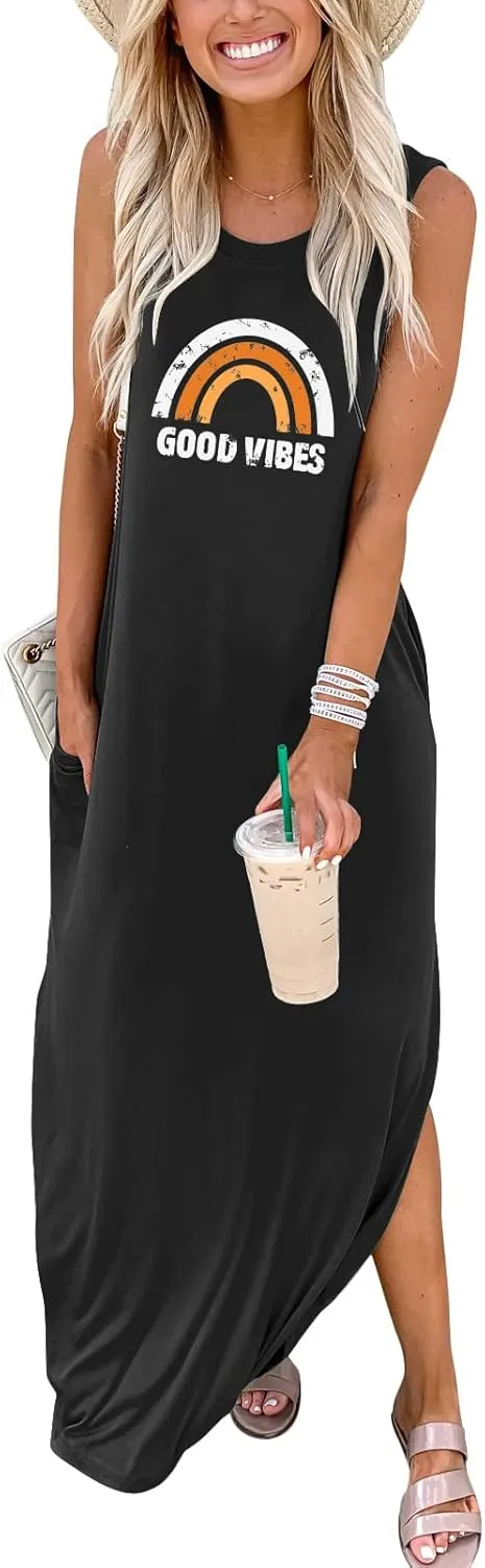 ANRABESS Women Casual Loose Sundress Sleeveless Split Maxi Long Beach Shirt Dress Travel Vacation 2025 Summer Outfits