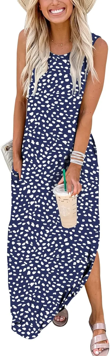 ANRABESS Women Casual Loose Sundress Sleeveless Split Maxi Long Beach Shirt Dress Travel Vacation 2025 Summer Outfits