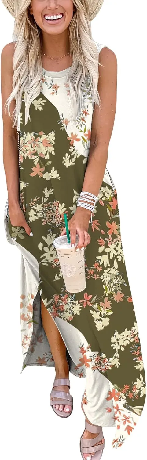 ANRABESS Women Casual Loose Sundress Sleeveless Split Maxi Long Beach Shirt Dress Travel Vacation 2025 Summer Outfits