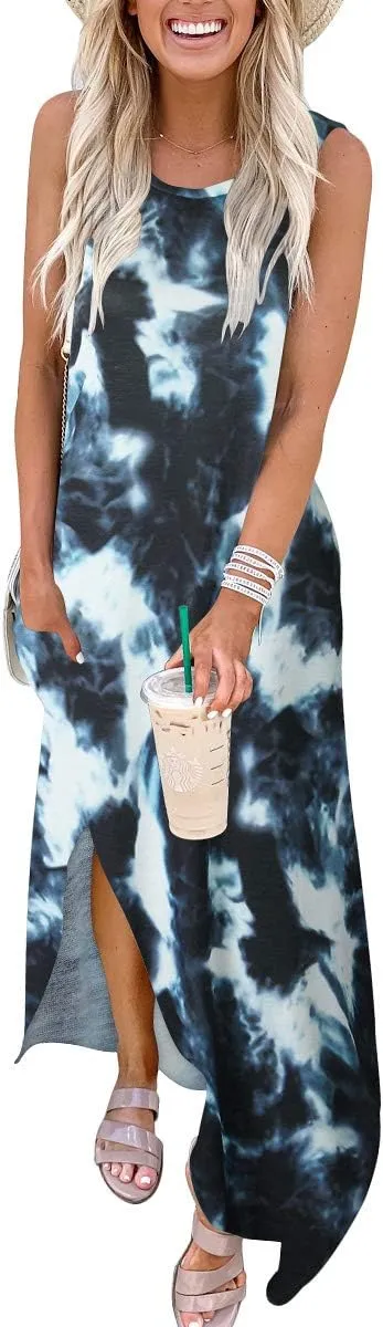 ANRABESS Women Casual Loose Sundress Sleeveless Split Maxi Long Beach Shirt Dress Travel Vacation 2025 Summer Outfits