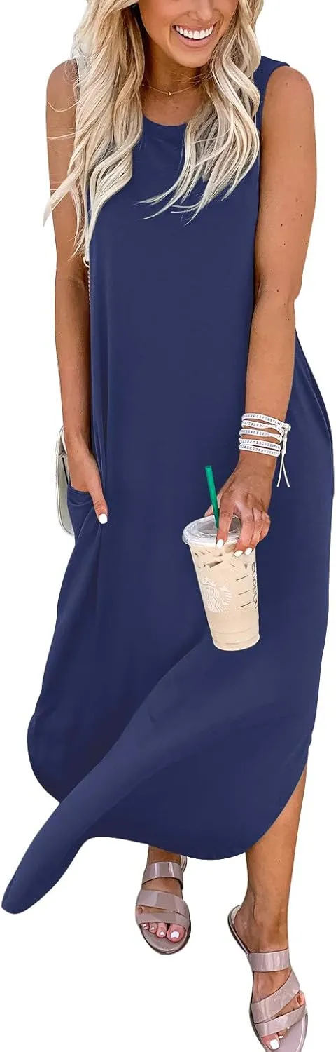 ANRABESS Women Casual Loose Sundress Sleeveless Split Maxi Long Beach Shirt Dress Travel Vacation 2025 Summer Outfits