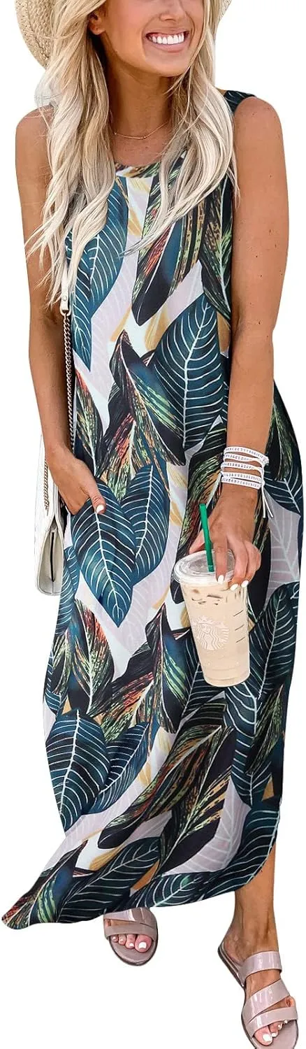ANRABESS Women Casual Loose Sundress Sleeveless Split Maxi Long Beach Shirt Dress Travel Vacation 2025 Summer Outfits