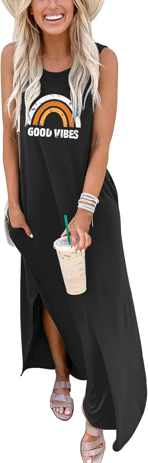 ANRABESS Women Casual Loose Sundress Sleeveless Split Maxi Long Beach Shirt Dress Travel Vacation 2025 Summer Outfits