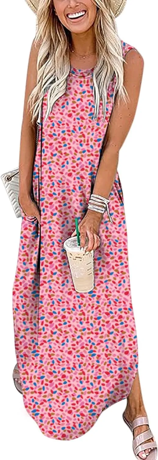 ANRABESS Women Casual Loose Sundress Sleeveless Split Maxi Long Beach Shirt Dress Travel Vacation 2025 Summer Outfits