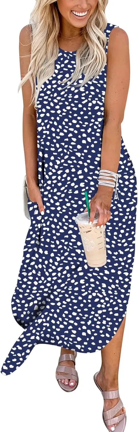ANRABESS Women Casual Loose Sundress Sleeveless Split Maxi Long Beach Shirt Dress Travel Vacation 2025 Summer Outfits