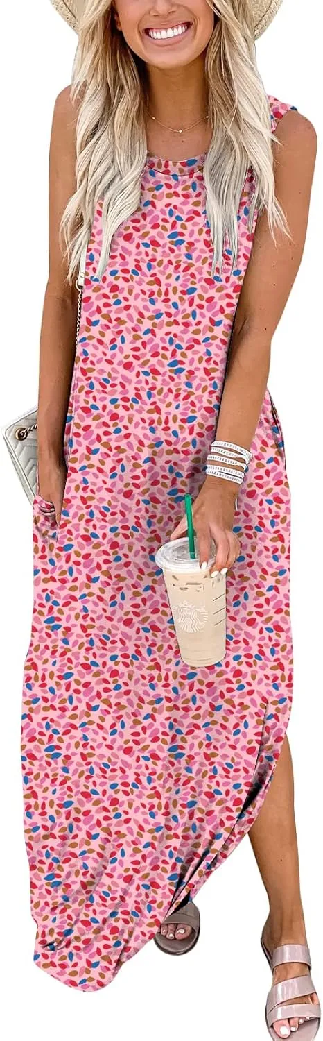 ANRABESS Women Casual Loose Sundress Sleeveless Split Maxi Long Beach Shirt Dress Travel Vacation 2025 Summer Outfits