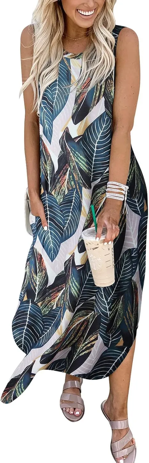 ANRABESS Women Casual Loose Sundress Sleeveless Split Maxi Long Beach Shirt Dress Travel Vacation 2025 Summer Outfits