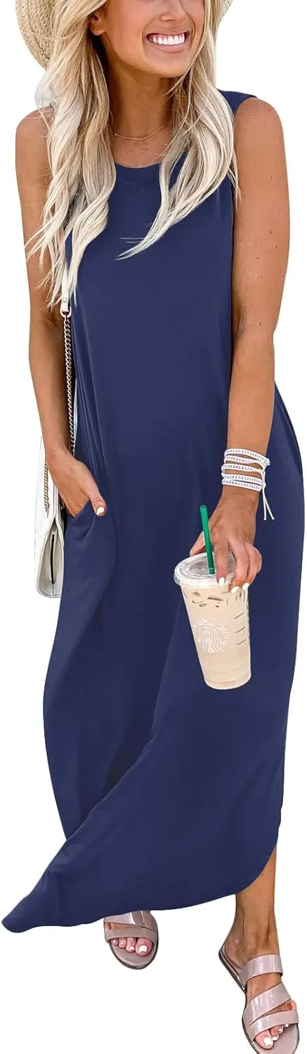 ANRABESS Women Casual Loose Sundress Sleeveless Split Maxi Long Beach Shirt Dress Travel Vacation 2025 Summer Outfits